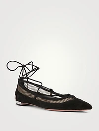 Dalia Suede And Mesh Ankle-Tie Ballet Flats