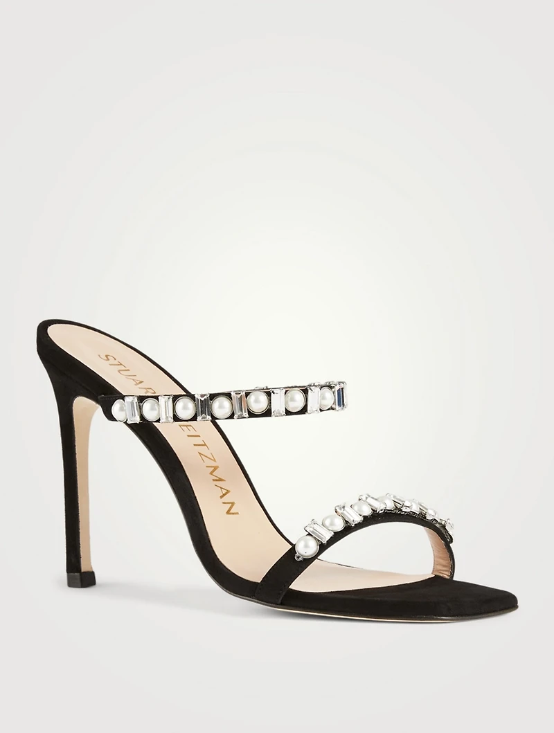 Aleena Shine Suede Heeled Sandals With Pearls