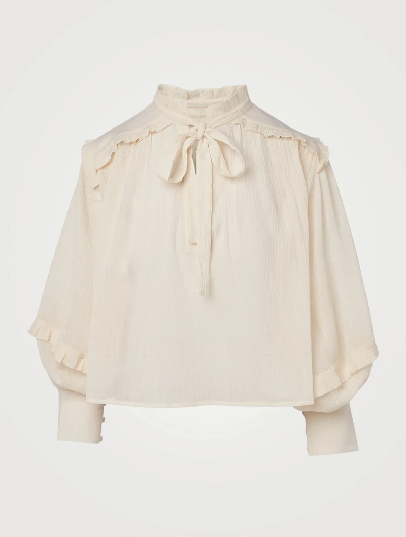 Fiore Cotton Ruffle Neck-Tie Blouse