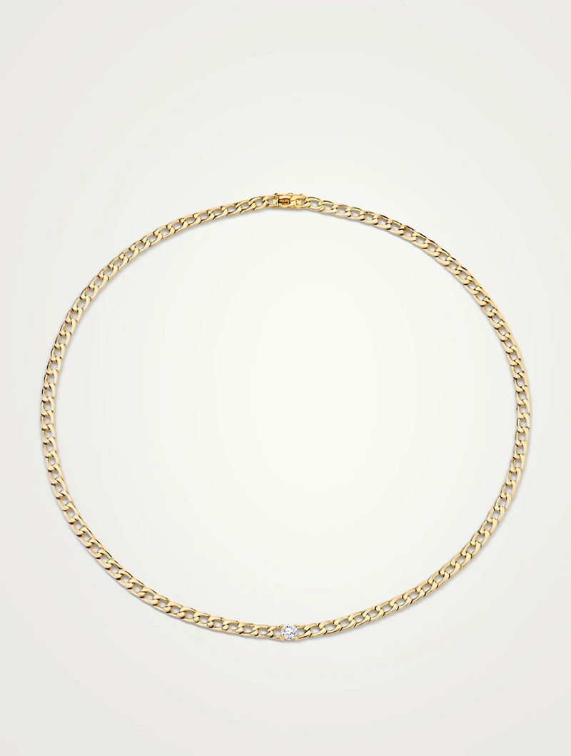 18K Gold Cuban Link Necklace With Round Diamond
