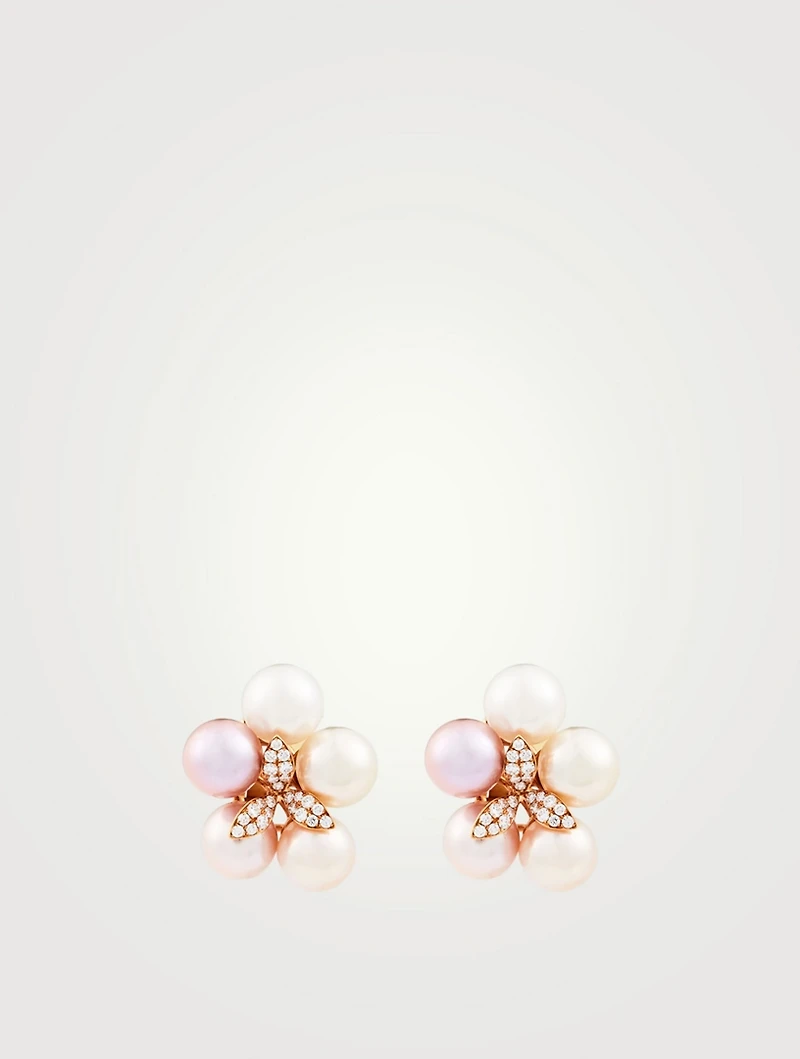 18K Rose Gold Floral Earrings With Pearls And Diamonds