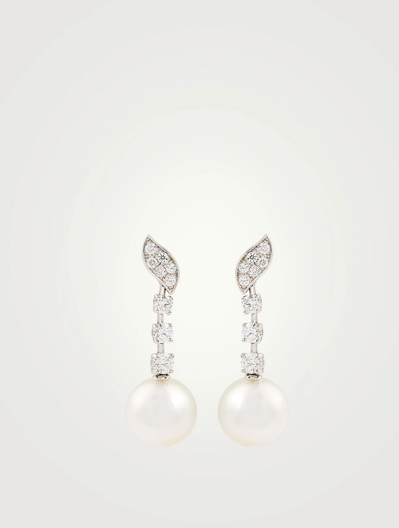 18K White Gold Drop Stud Earrings With Pearls And Diamonds