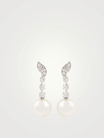 18K White Gold Drop Stud Earrings With Pearls And Diamonds