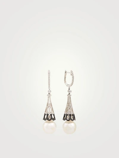 18K White Gold Drop Earrings With Pearls And Diamonds