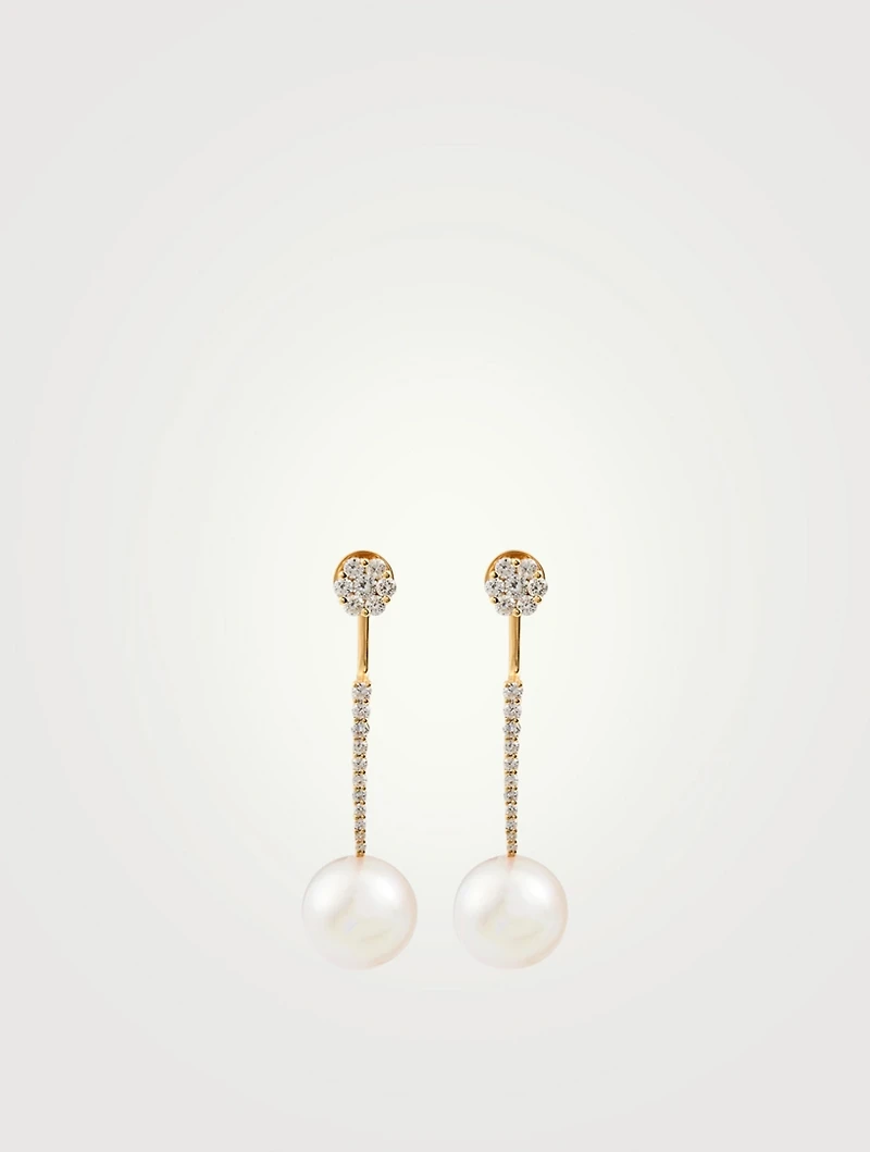 18K Gold Drop Chain Earrings With Pearls And Diamonds