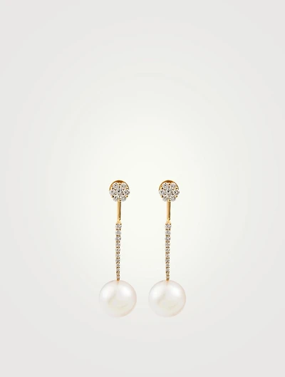 18K Gold Drop Chain Earrings With Pearls And Diamonds