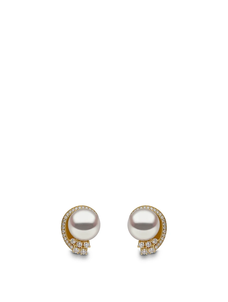 18K Gold Stud Earrings With Pearls And Diamonds