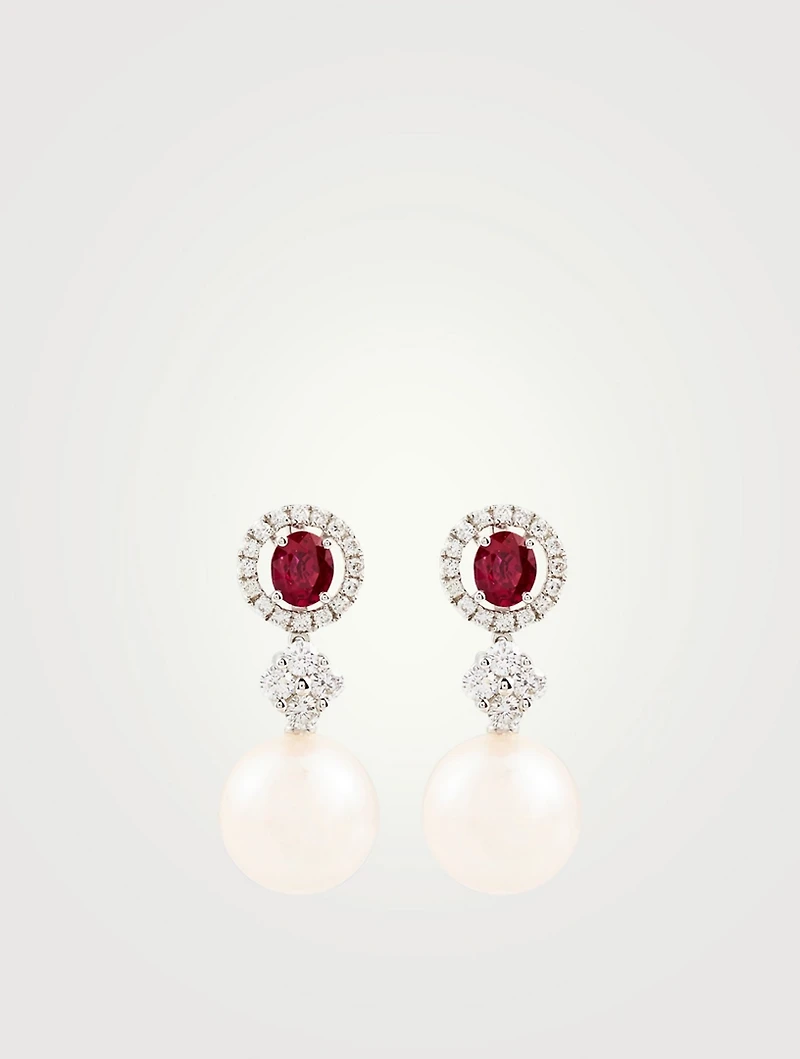 18K White Gold Drop Earrings With Pearls And Diamonds
