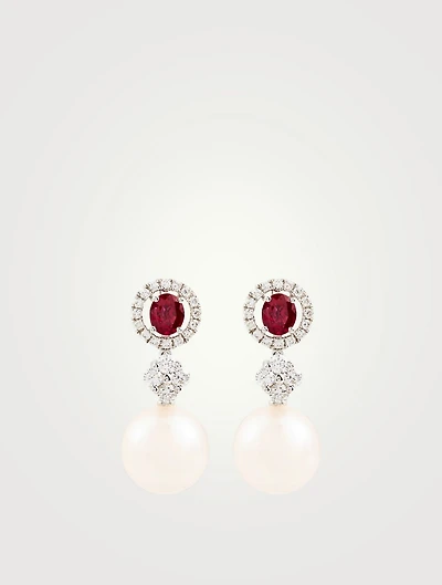 18K White Gold Drop Earrings With Pearls And Diamonds