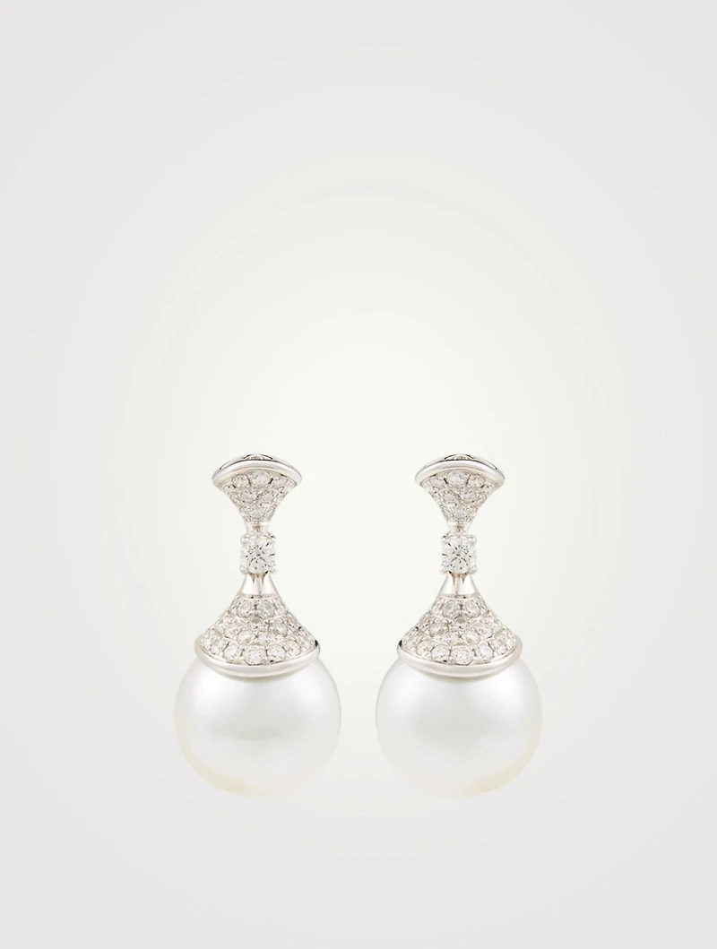 18K White Gold Drop Stud Earrings With Pearls And Diamonds