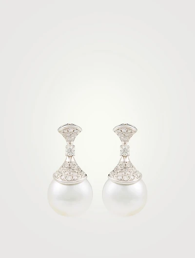 18K White Gold Drop Stud Earrings With Pearls And Diamonds