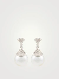18K White Gold Drop Stud Earrings With Pearls And Diamonds