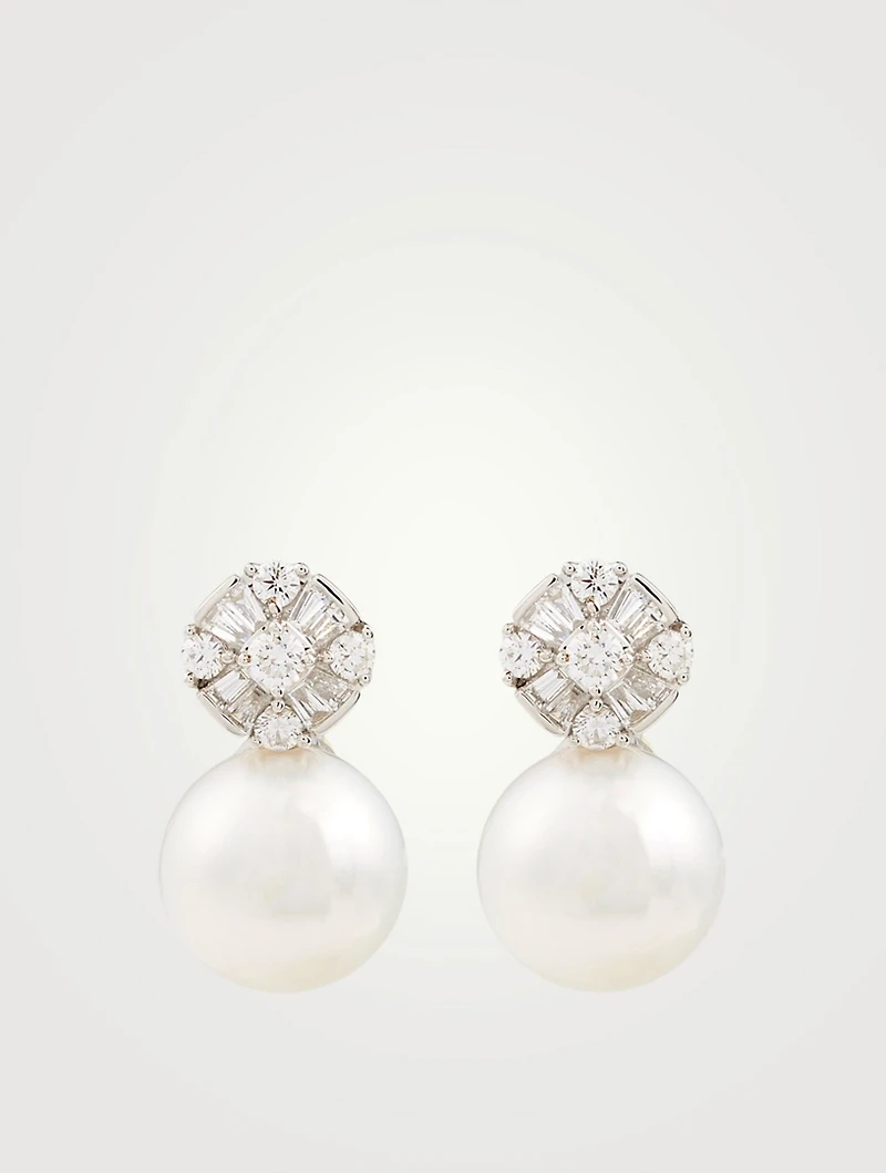 18K White Gold Stud Earrings With Pearls And Diamonds