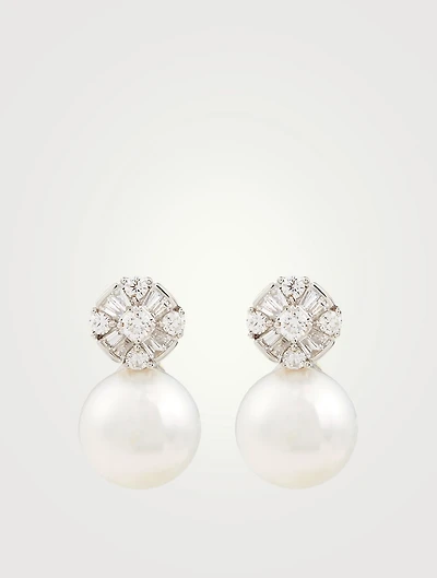 18K White Gold Stud Earrings With Pearls And Diamonds
