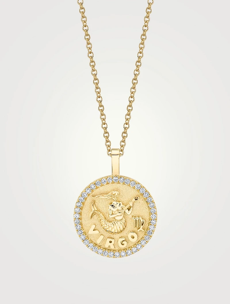 18K Gold Zodiac Virgo Coin Pendant Necklace With Diamonds