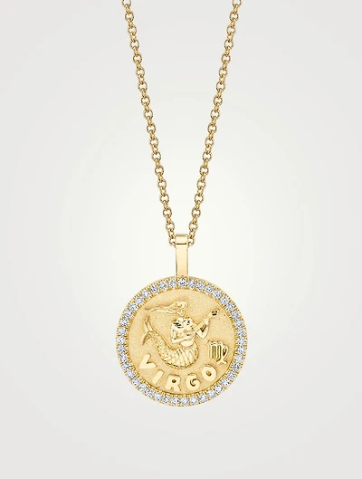 18K Gold Zodiac Virgo Coin Pendant Necklace With Diamonds