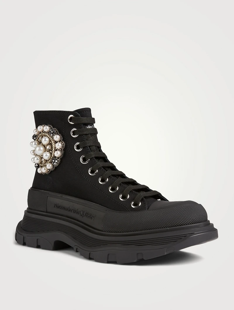 Tread Slick Canvas Platform High-Top Sneakers With Pearl Embroidery