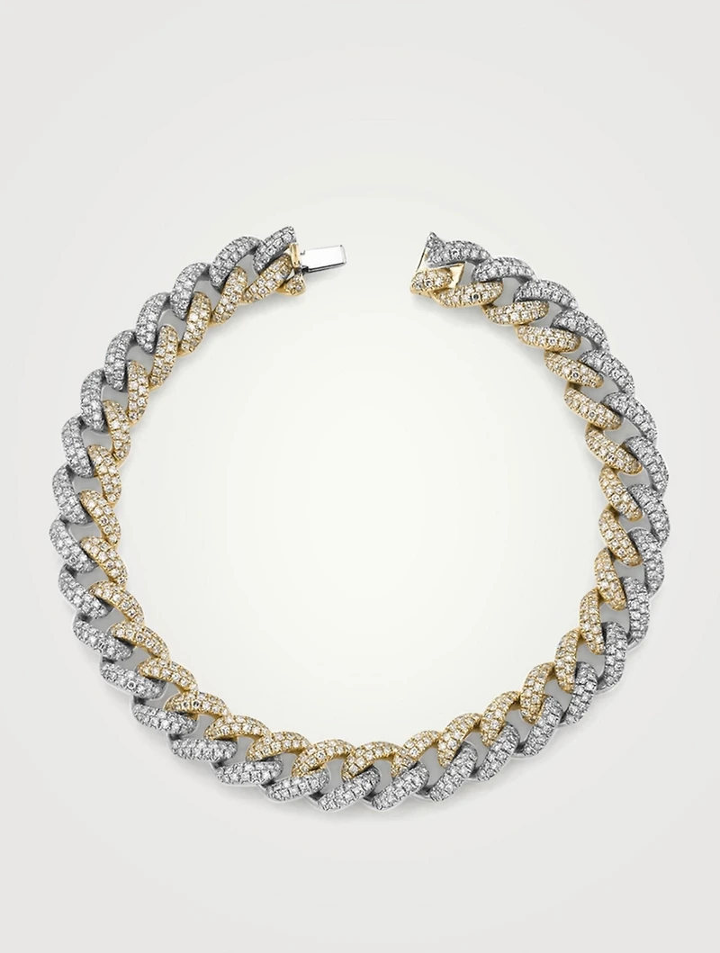 Two-Tone 18K Gold Link Bracelet With Pavé Diamonds