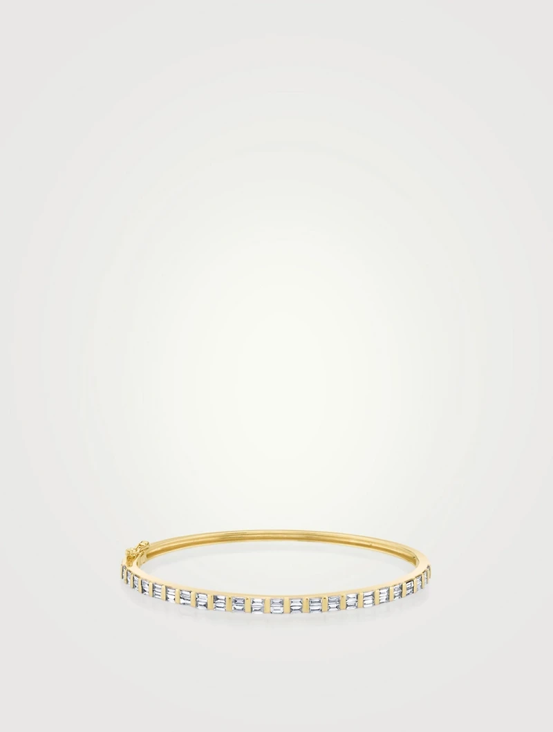 18K Gold Half Baguette Bangle Bracelet With Diamonds
