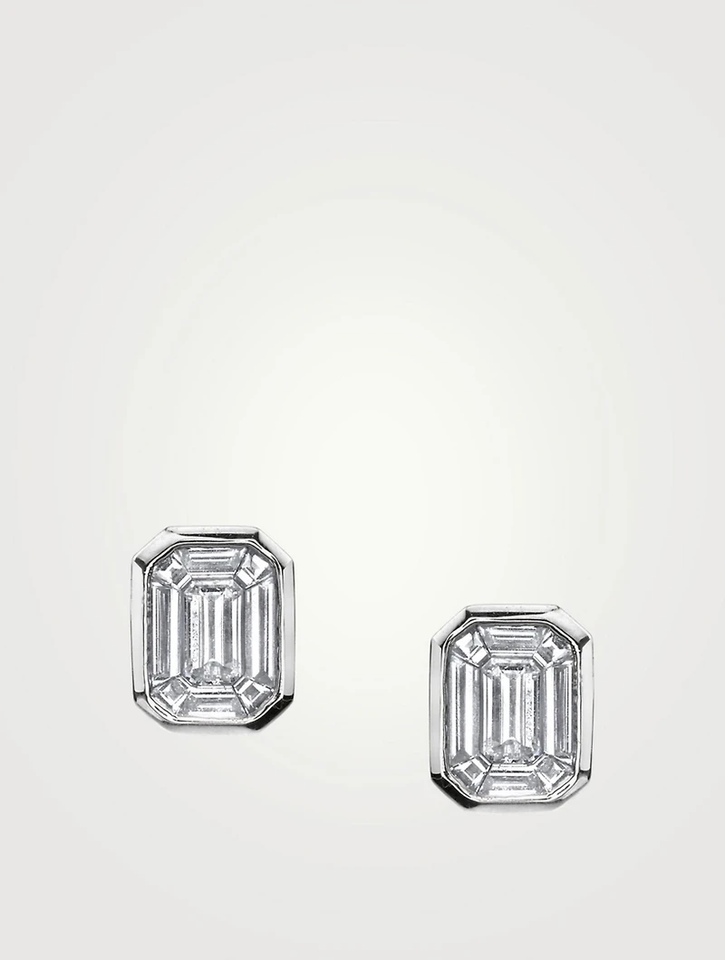 18K White Gold Emerald-Cut Diamond Illusion Stud Earrings