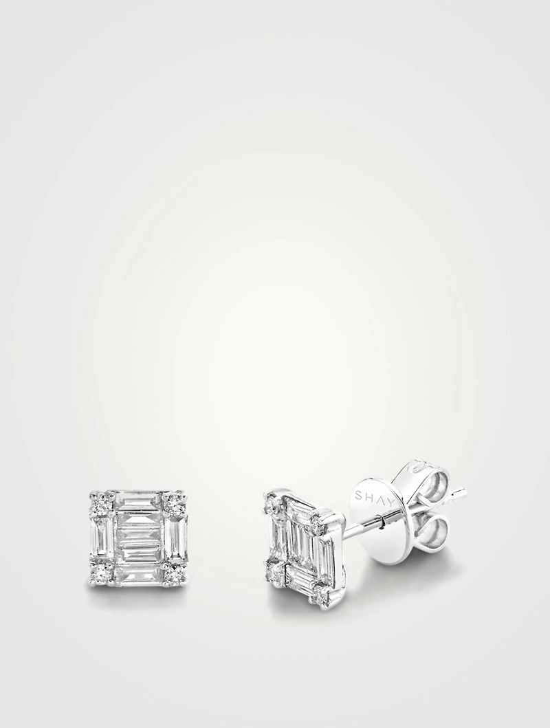 Mini 18K White Gold Square Stacked Baguette Diamond Stud Earrings
