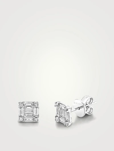 Mini 18K White Gold Square Stacked Baguette Diamond Stud Earrings