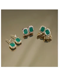 18K Gold Emerald Stud Earrings With Diamonds