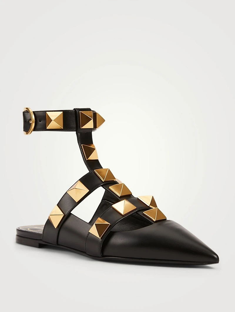 Roman Stud Leather Ankle-Strap Ballet Flats