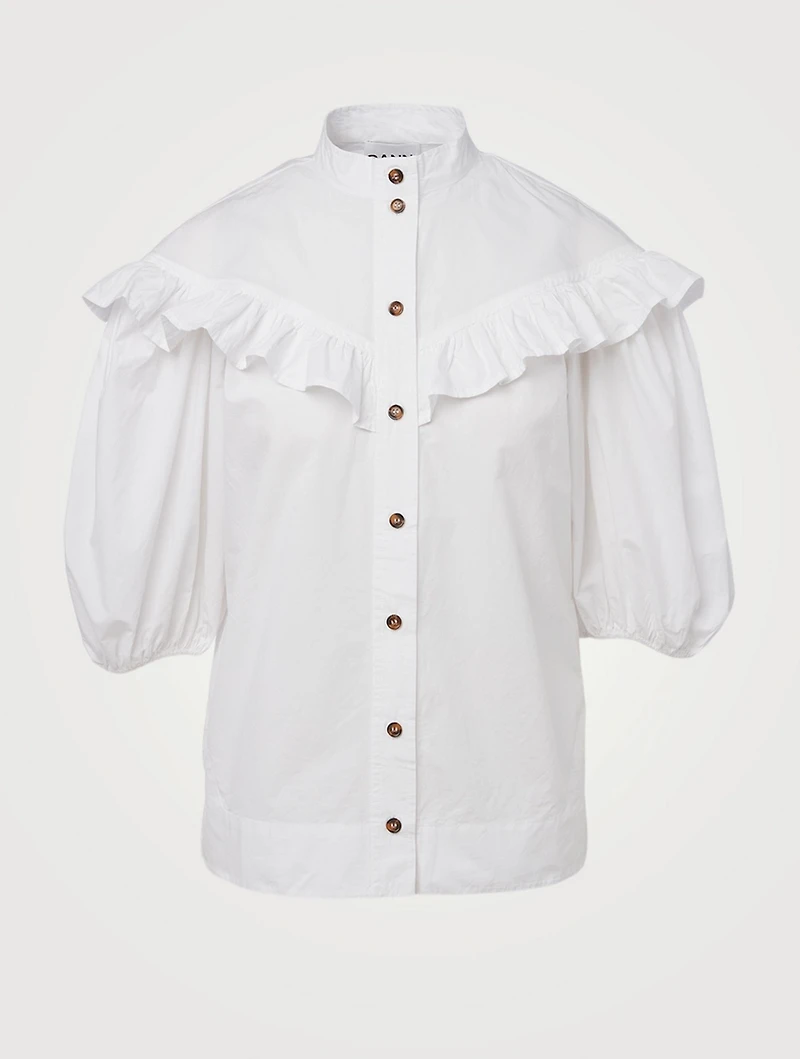 Organic Cotton Poplin Frilled Button-Up Blouse