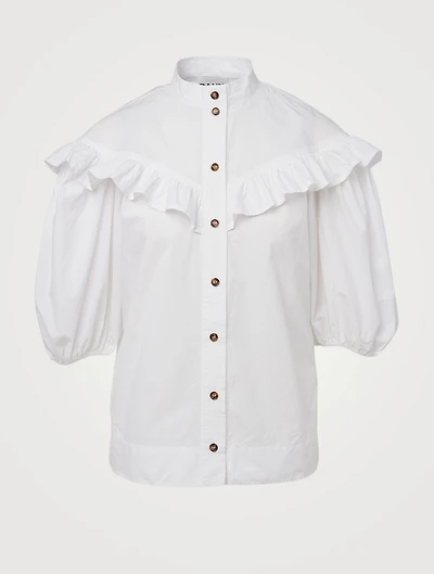 Organic Cotton Poplin Frilled Button-Up Blouse