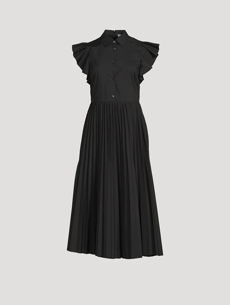 Pleated-Skirt Midi Shirt Dress
