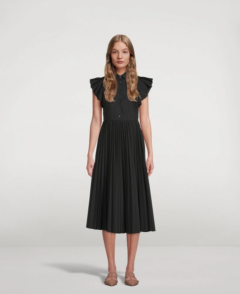 Pleated-Skirt Midi Shirt Dress