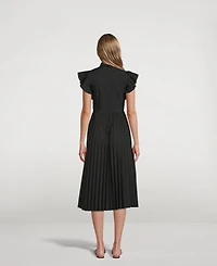 Pleated-Skirt Midi Shirt Dress