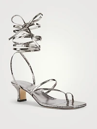 Betty Python-Embossed Leather Heeled Ankle-Tie Sandals