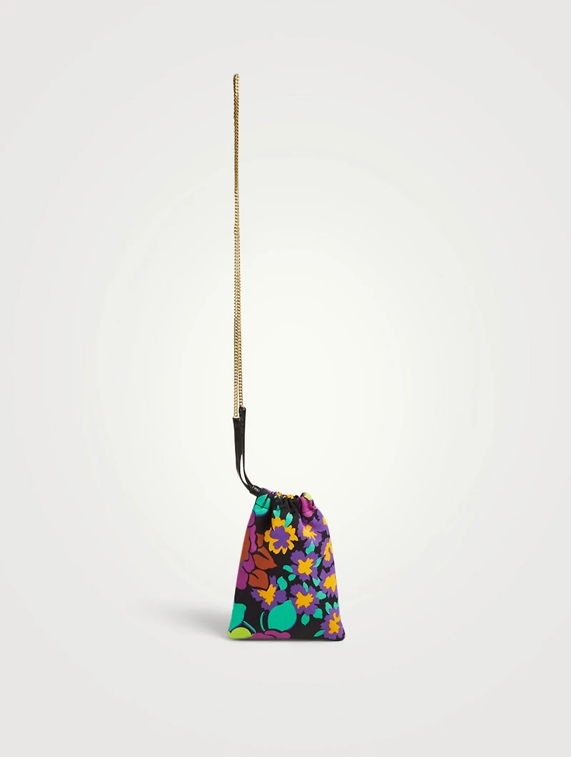 Satin Drawstring Chain Pouch In Floral Print