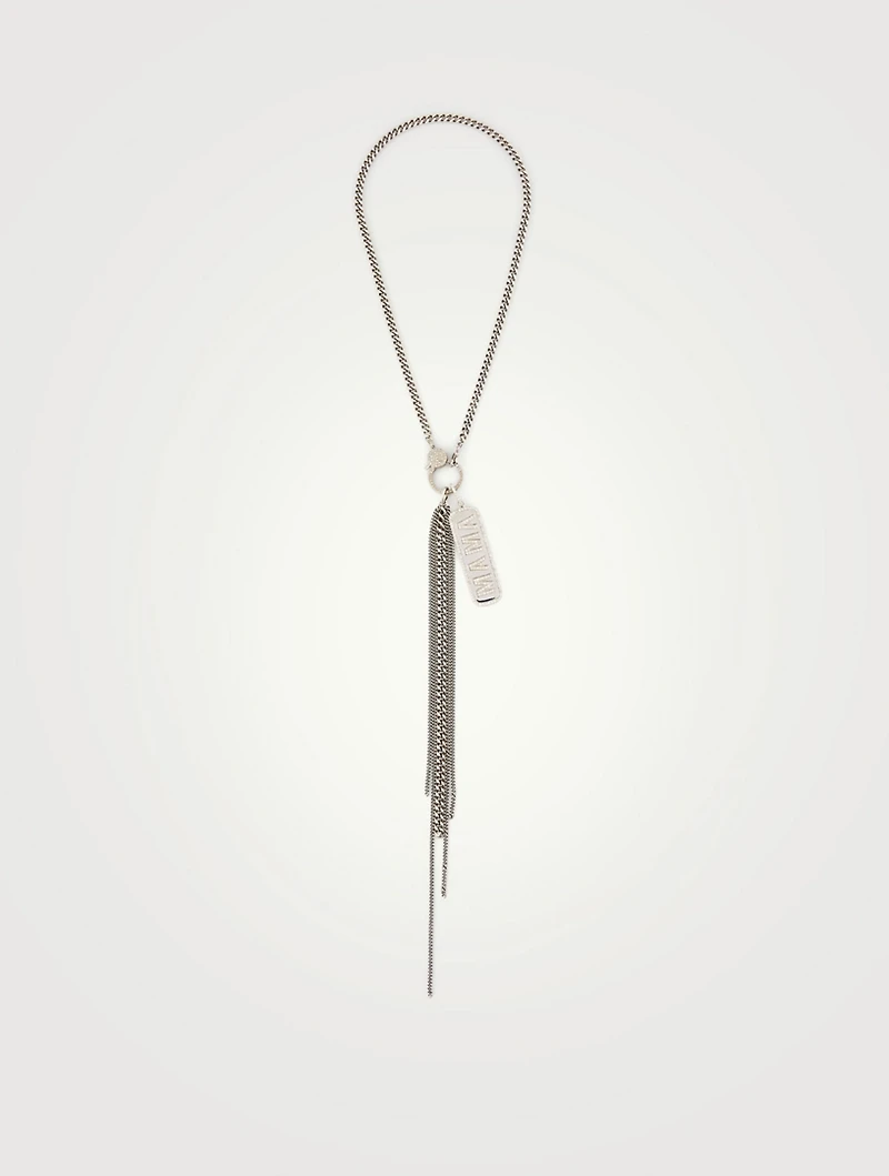 Silver Mama Dog Tag Fringe Necklace With Diamonds