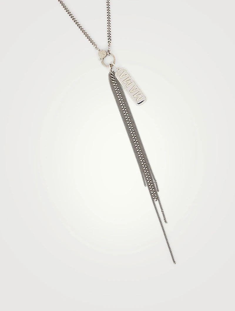 Silver Mama Dog Tag Fringe Necklace With Diamonds