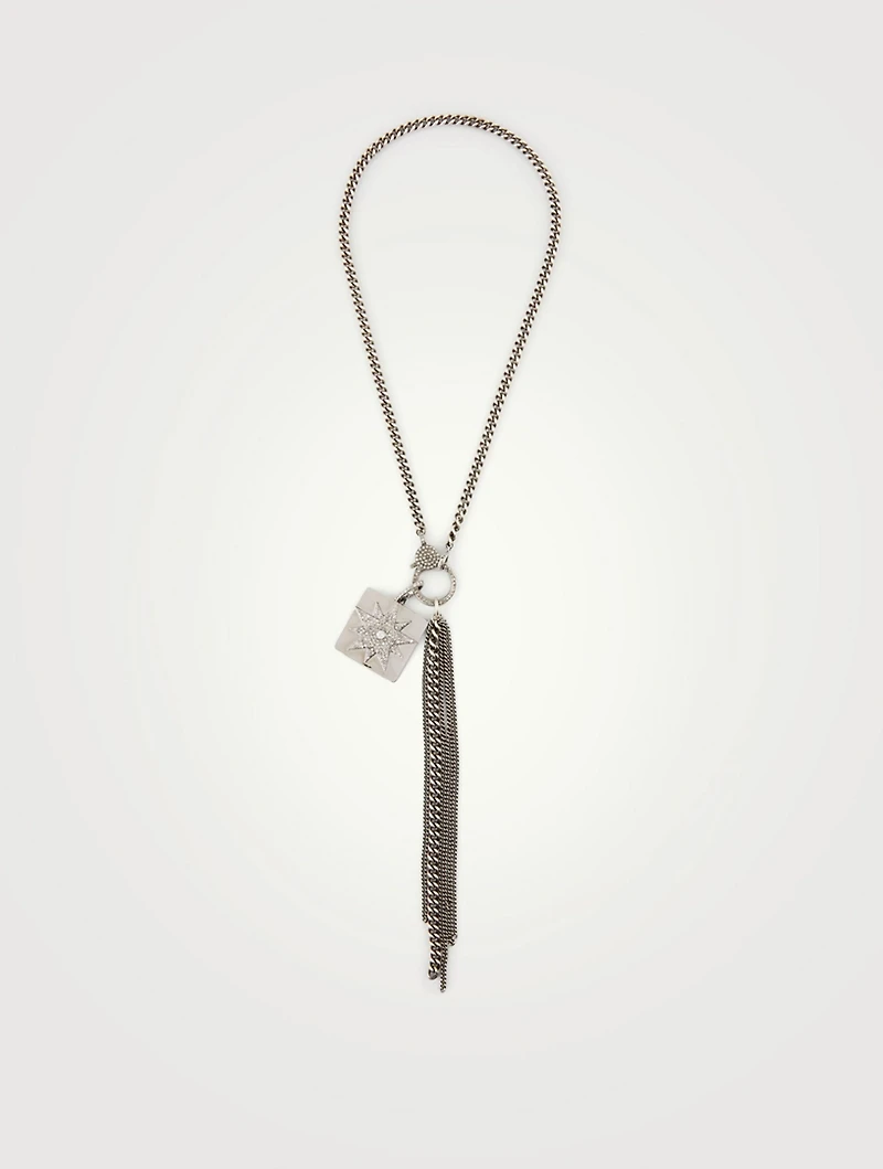 Silver Starburst Dog Tag Fringe Necklace With Diamonds