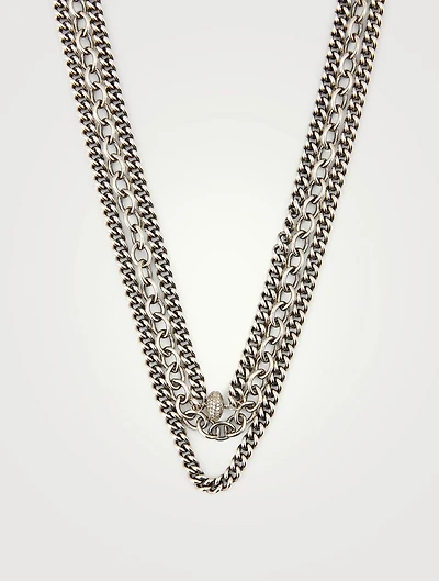 Silver Triple Layer Chain Necklace With Diamonds