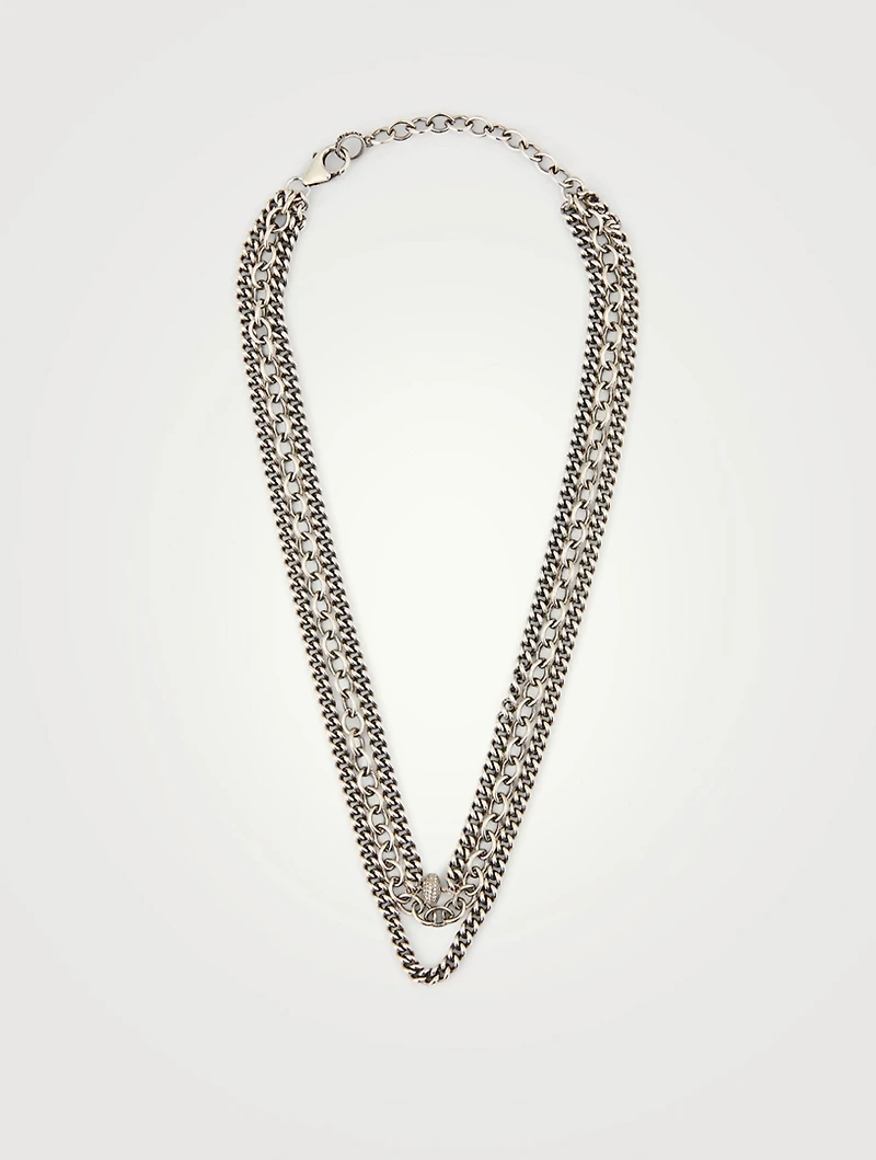Silver Triple Layer Chain Necklace With Diamonds