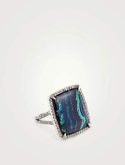 Silver Azurite Malachite Ring With Diamonds