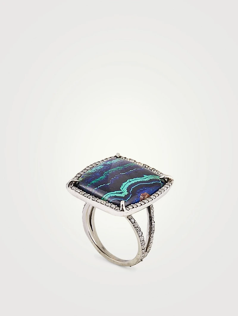 Silver Azurite Malachite Ring With Diamonds