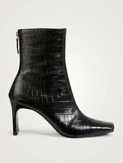Trim Croc-Embossed Leather Heeled Ankle Boots