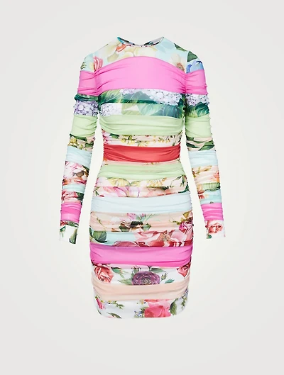 Silk Stretch Mini Dress Floral Patchwork Print