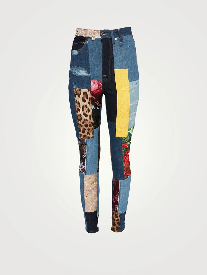 Patchwork Jacquard High-Waisted Jeans