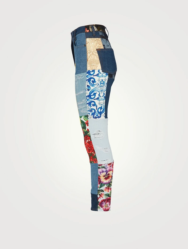 Patchwork Jacquard High-Waisted Jeans