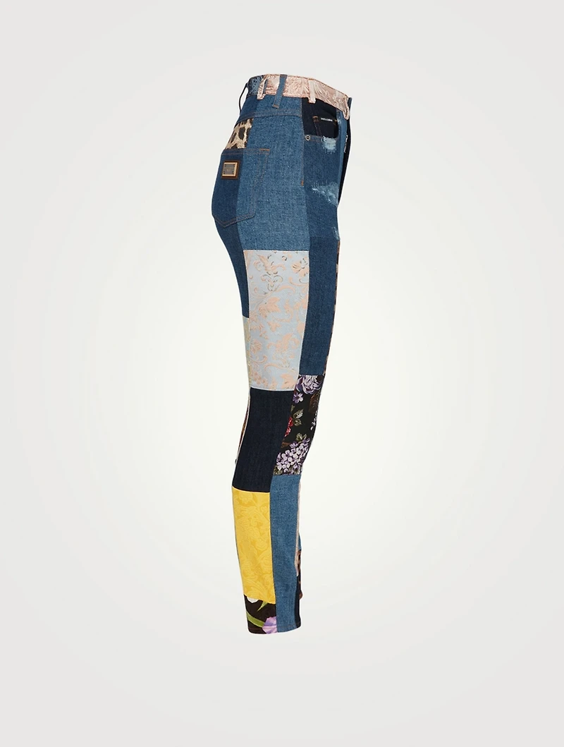 Patchwork Jacquard High-Waisted Jeans