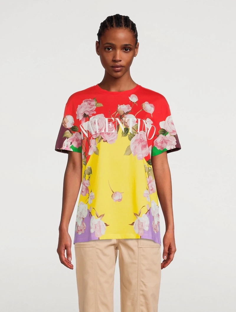 Cotton Jersey T-Shirt Flying Flowers Print