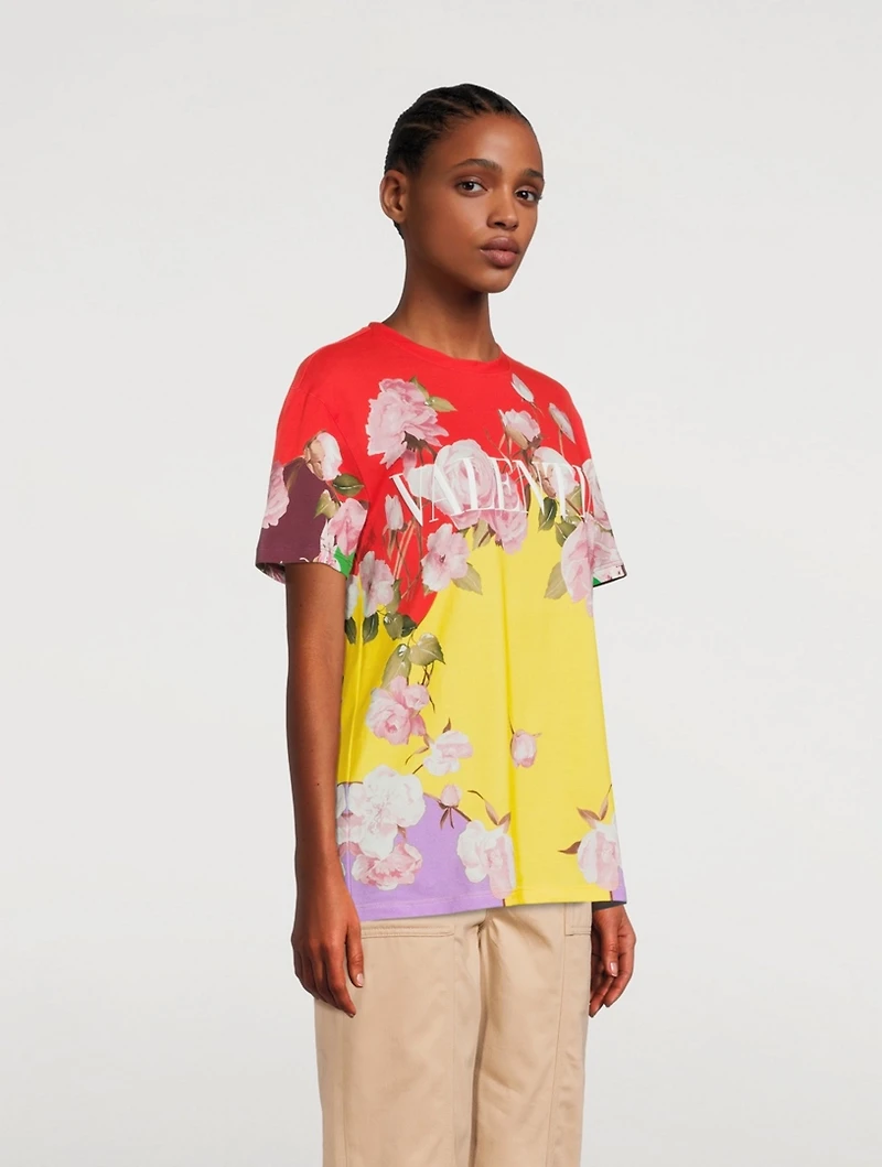 Cotton Jersey T-Shirt Flying Flowers Print