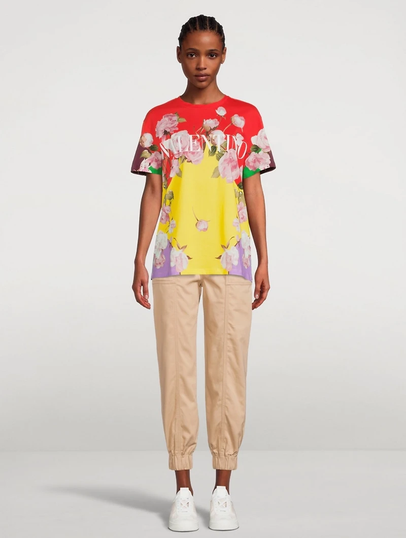 Cotton Jersey T-Shirt Flying Flowers Print